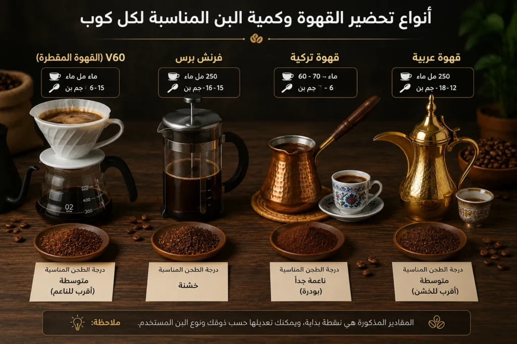 انواع-تحضير-القهوة-وكمية-البن-لكل-كوب