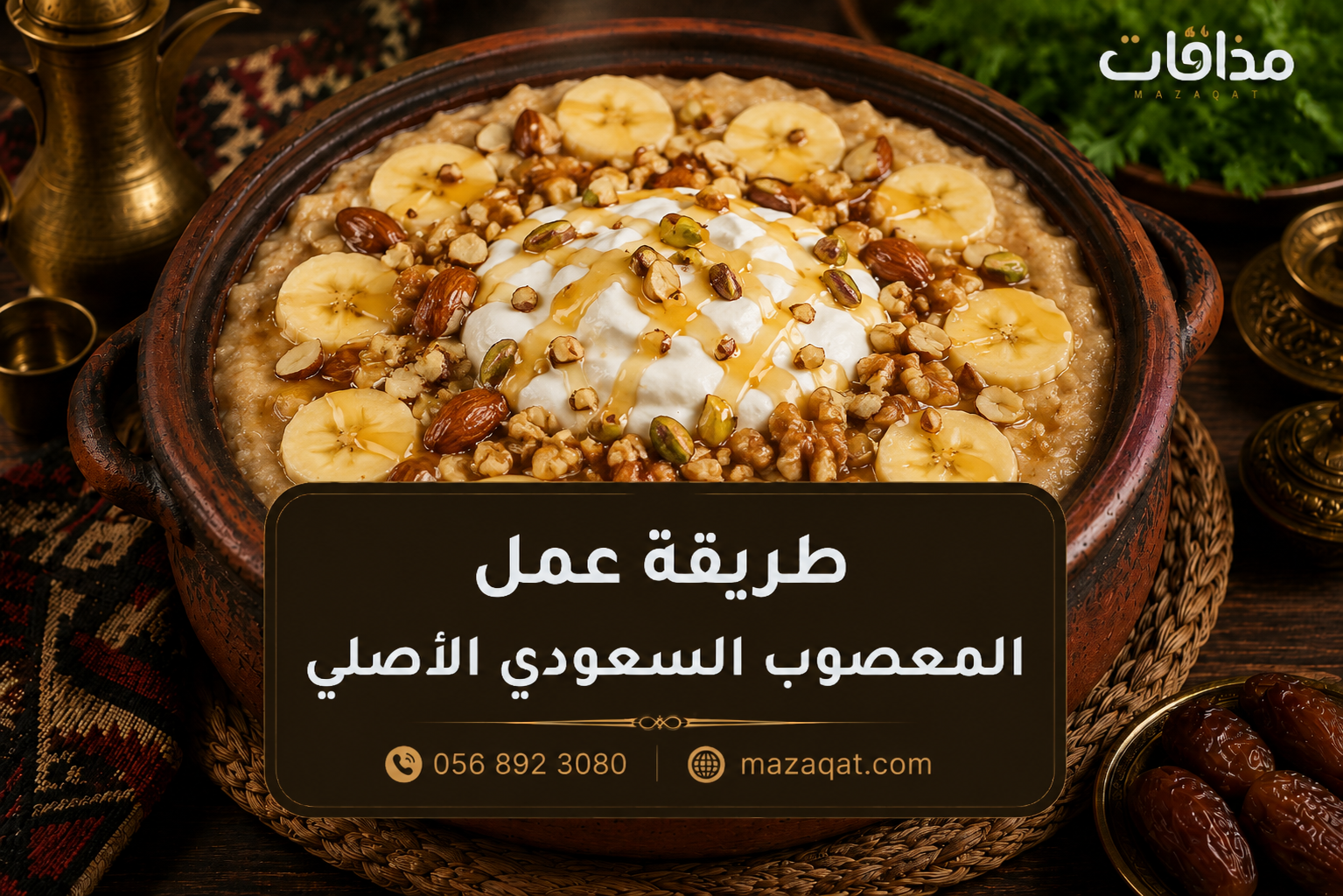 طريقة عمل المعصوب السعودي الأصلي مع القشطة والعسل والموز والمكسرات في طبق تقليدي.