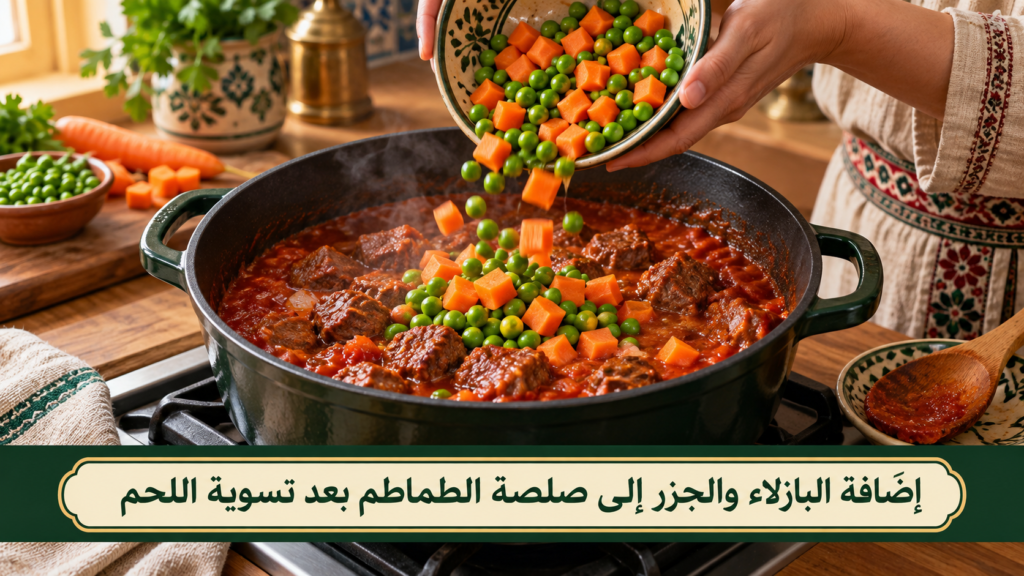 خطوات إضافة البازلاء والجزر إلى صلصة الطماطم
