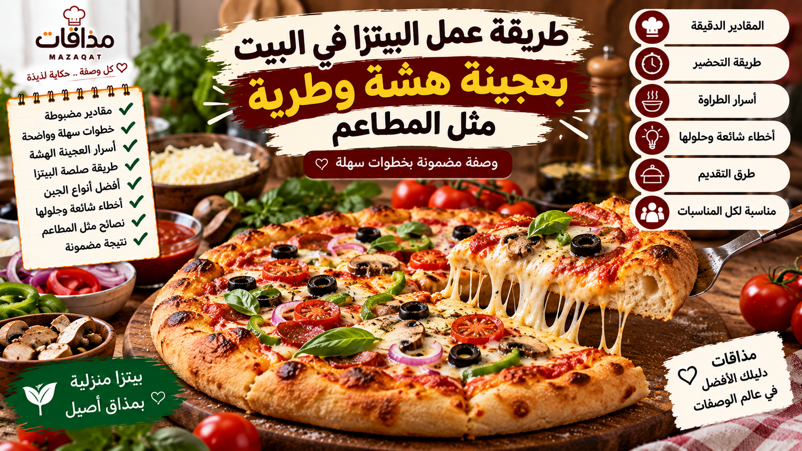 طريقة عمل البيتزا في البيت بعجينة هشة وطرية مثل المطاعم