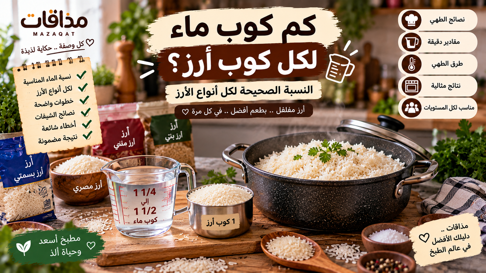 كم كوب ماء لكل كوب أرز؟ النسبة الصحيحة حسب نوع الأرز