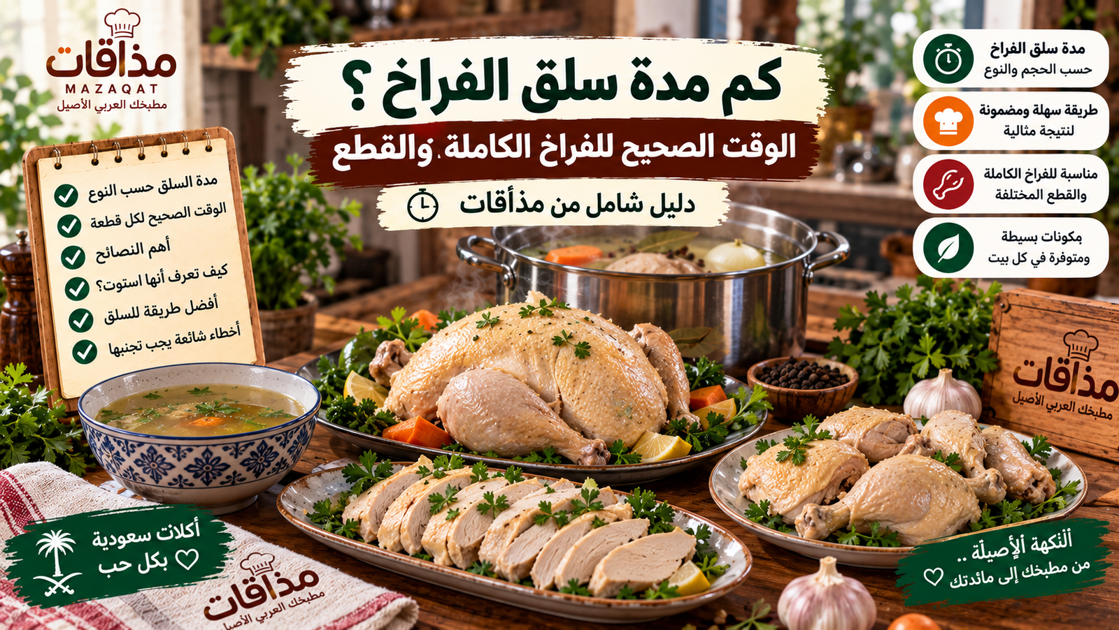 كم مدة سلق الفراخ؟ الوقت الصحيح للفراخ الكاملة والقطع