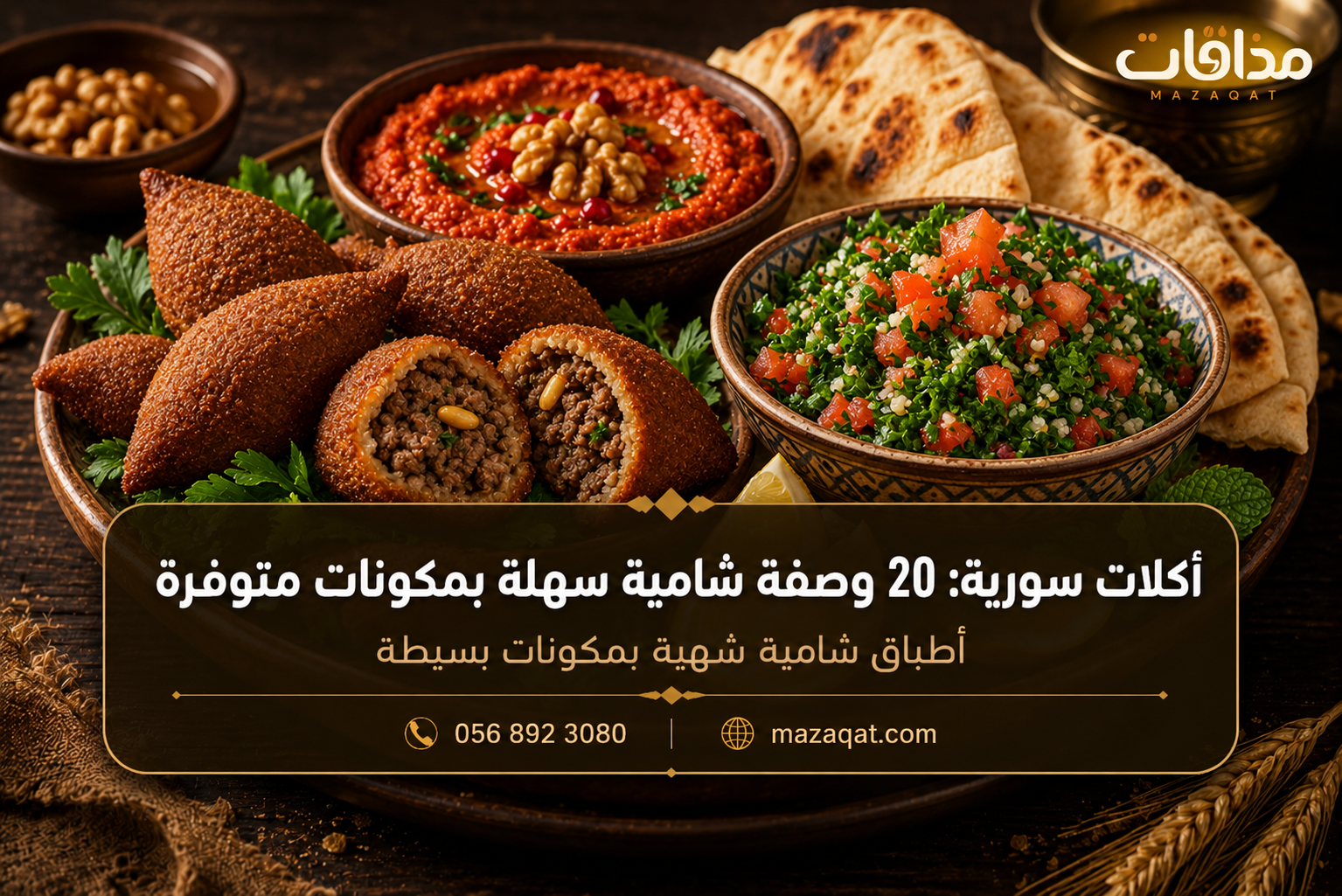 أطباق سورية تضم الكبة والمحمرة والتبولة مع الخبز العربي.